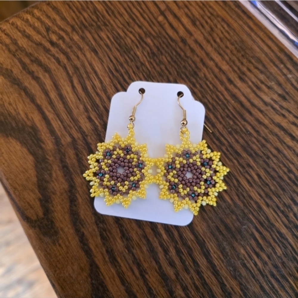 Sunflower Hand Beaded Earrings - Picture 2 of 2